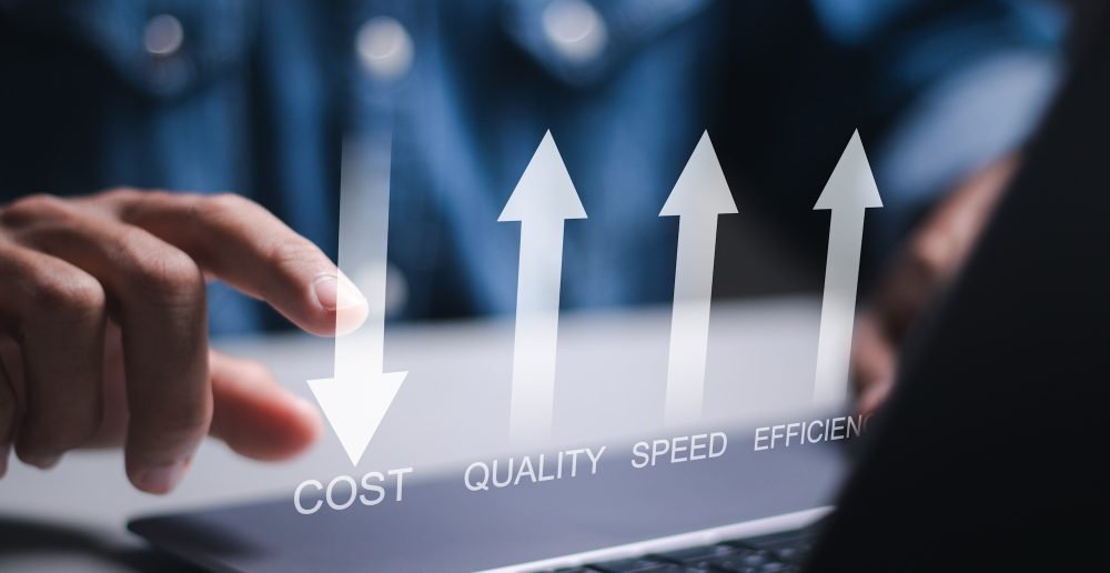 Efficiency business concept. Business people use laptop to analyze performance to increase quality, speed, efficiency, and reduce costs. Business performance management and improvement.