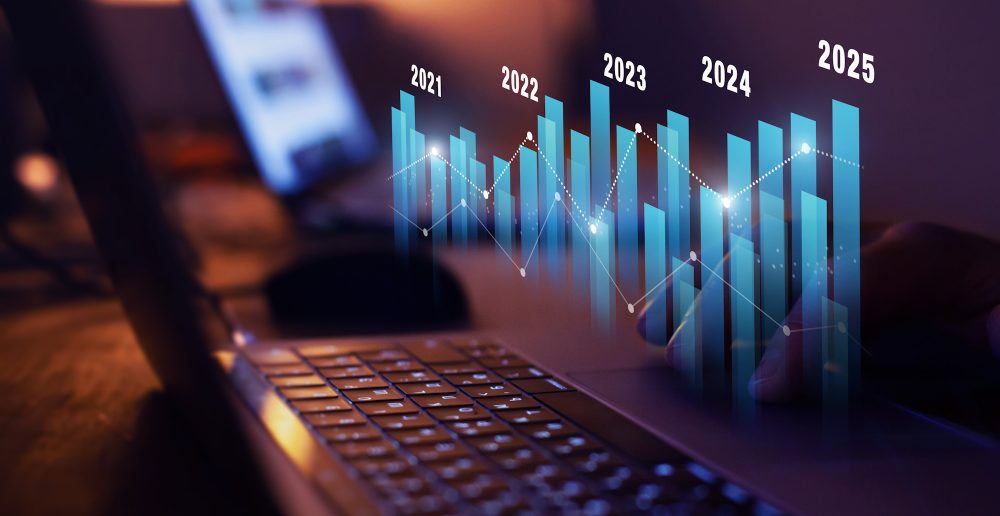 yearly financial report, chart with years data statistics, company progress and growth by year, 2025